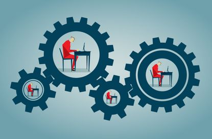 A cartoon image depicting office workers in gears.