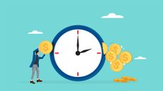 CD concept: Illustration of man putting coins into a clock and more coming out the other side.